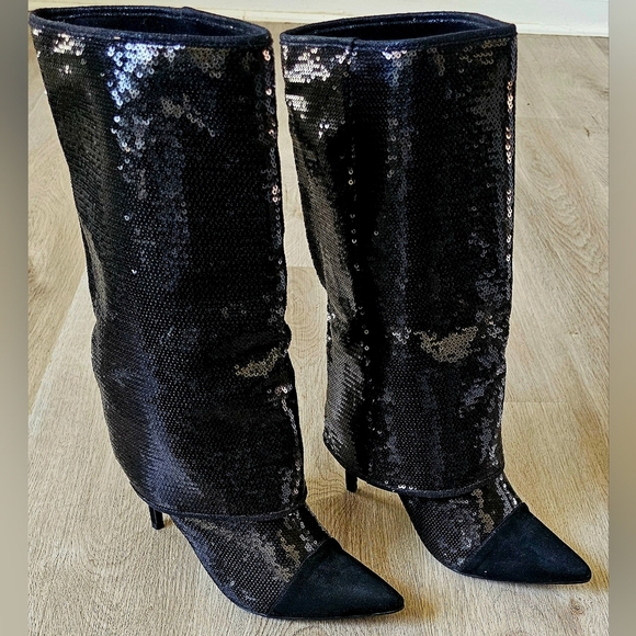 Size 11 Black Sequin Pointed Toe Slouch Boots - Picture 4 of 11
